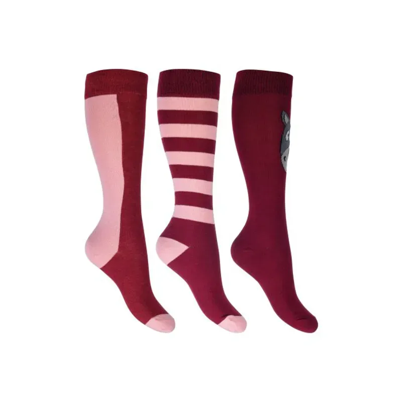 HKM Kids Set Of 3 Grenada Riding Socks in Rose/Wine Red